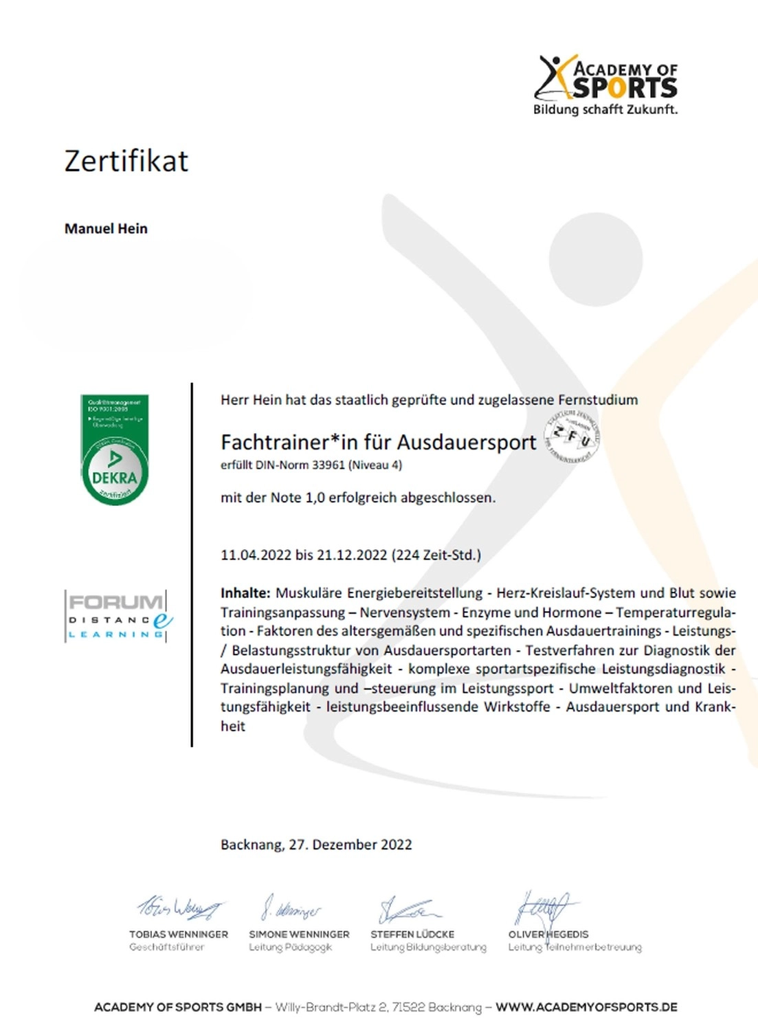 Der Laufcoach - Leistungscoaching und Analyse für Läufer - Zertifikat