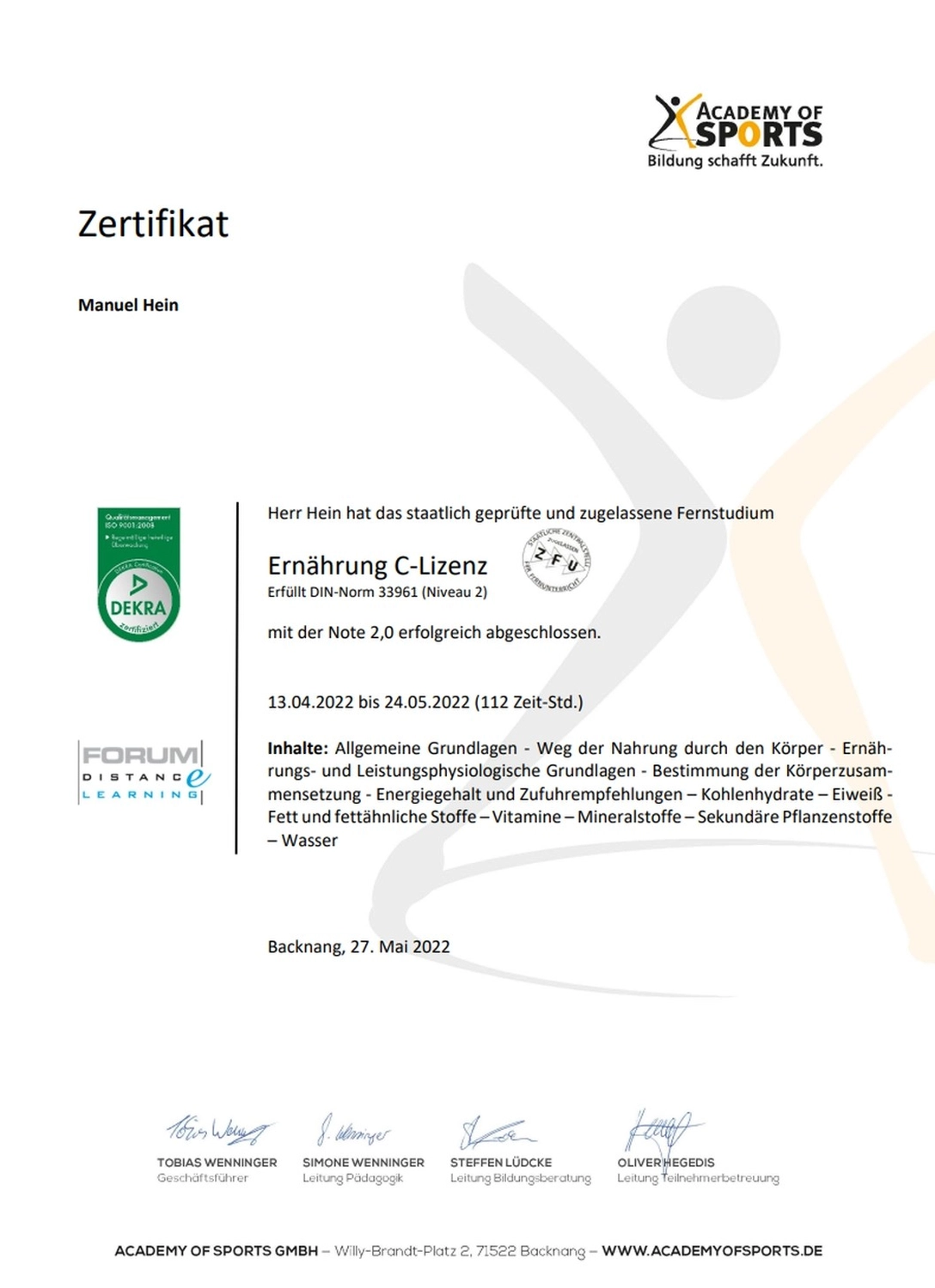 Der Laufcoach - Leistungscoaching und Analyse für Läufer - Zertifikat