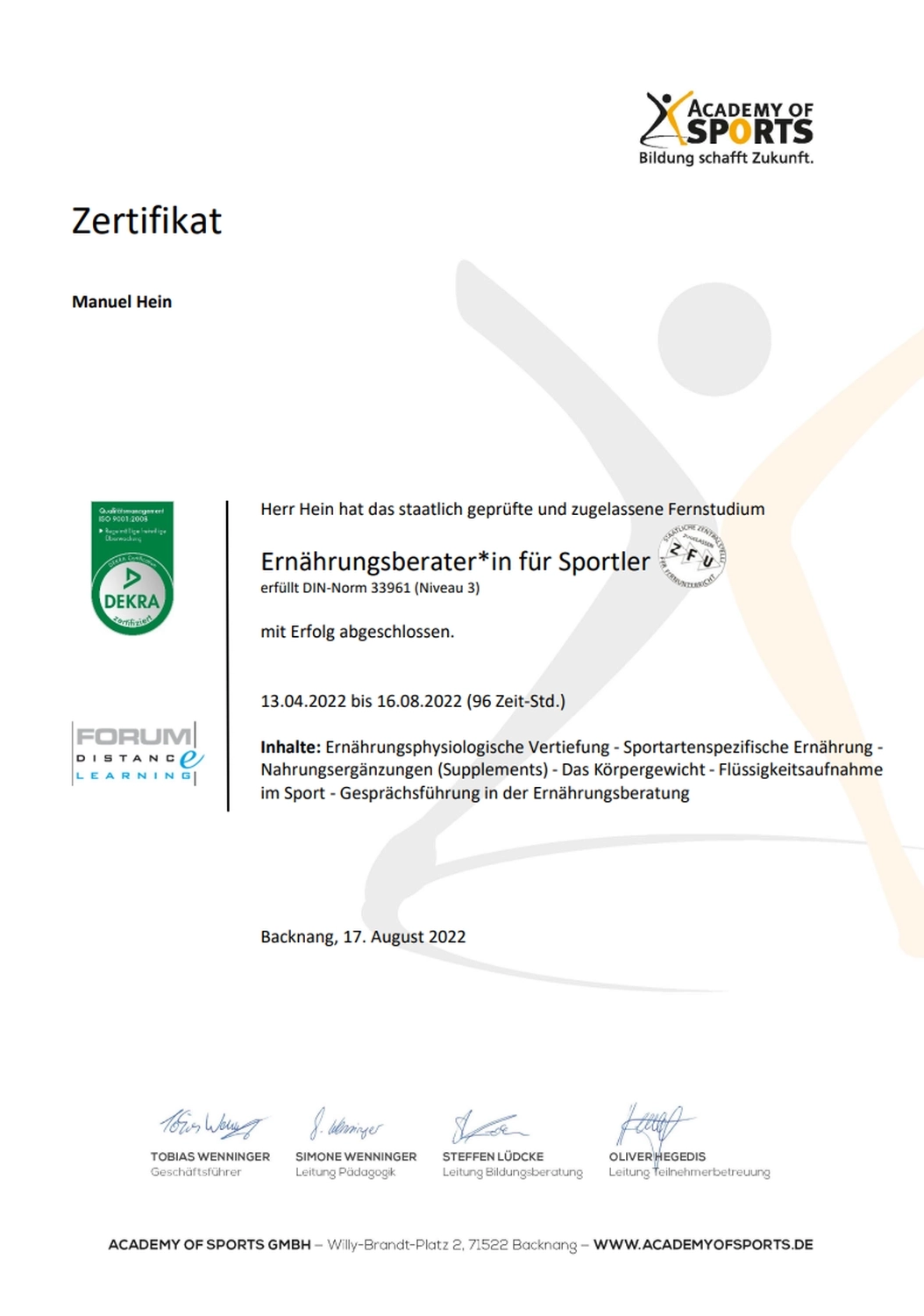Der Laufcoach - Leistungscoaching und Analyse für Läufer - Zertifikat