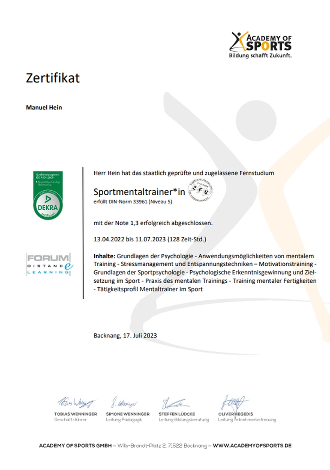 Der Laufcoach - Leistungscoaching und Analyse für Läufer - Zertifikat