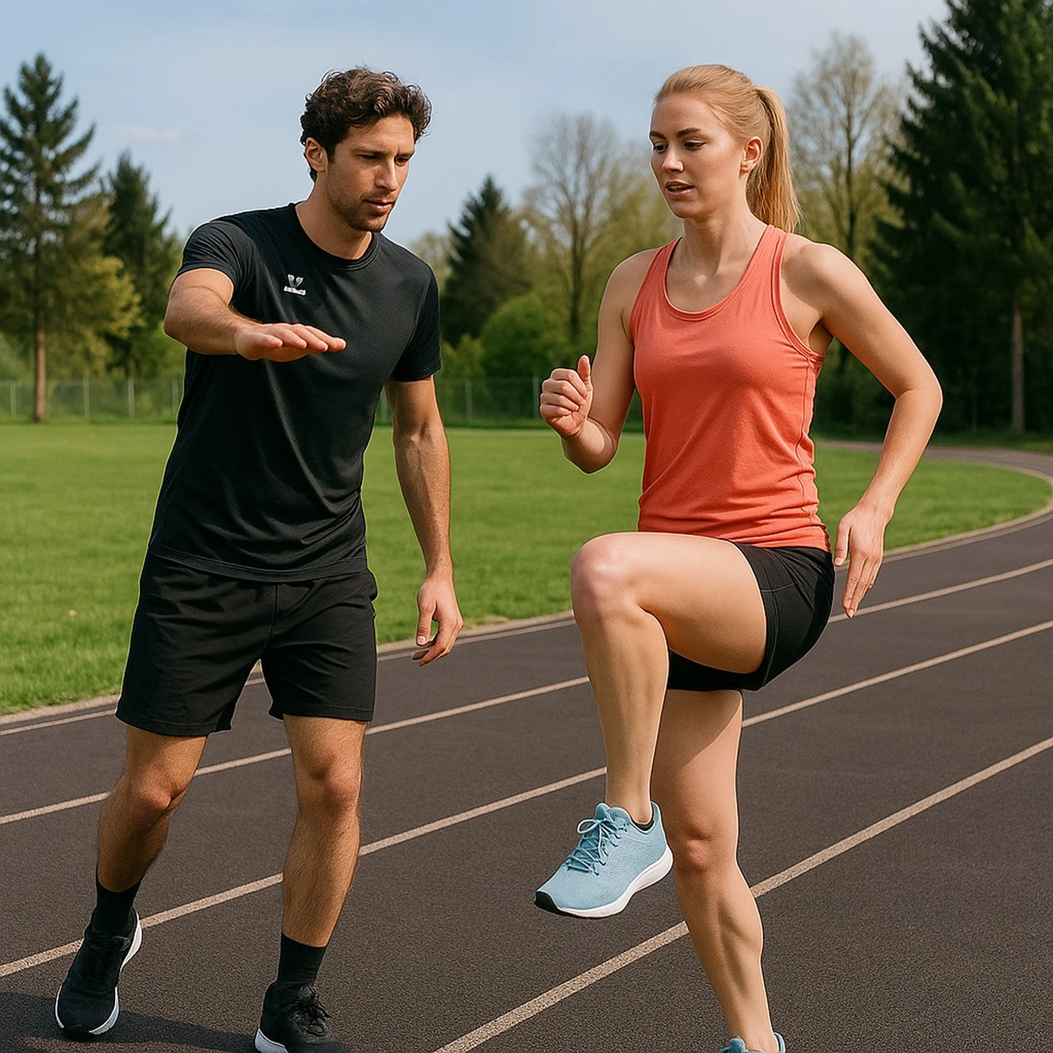 Der Laufcoach - Leistungscoaching und Analyse für Läufer - Ein athletischer Mann in schwarzer Sportkleidung kniet auf einer Laufbahn, hält ein Klemmbrett in der Hand und gestikuliert mit einem Finger, während er mit einer Frau in einem lila Tanktop spricht, die in Ausfallschrittposition kniet und aufmerksam zuhört.