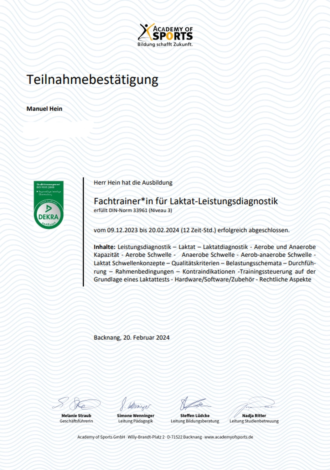 Der Laufcoach - Leistungscoaching und Analyse für Läufer - Zertifikat