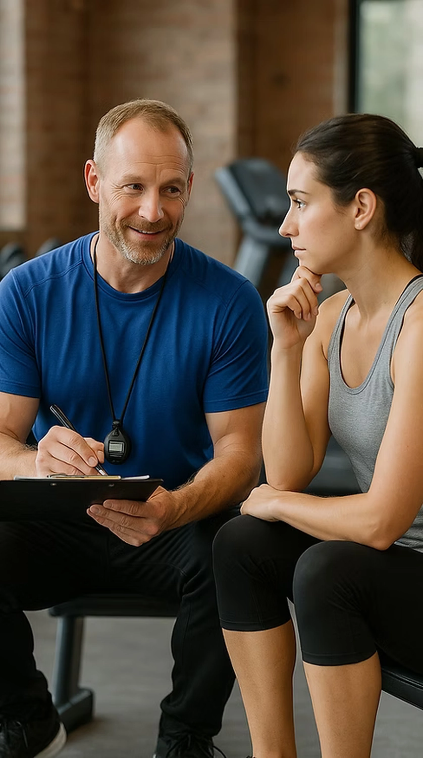 Der Laufcoach - Leistungscoaching und Analyse für Läufer - Ein Fitnesstrainer in einem blauen Hemd hält ein Klemmbrett und einen Stift in der Hand und unterhält sich in einem Fitnessstudio mit einer Frau in einem grauen Tanktop und schwarzen Leggings.