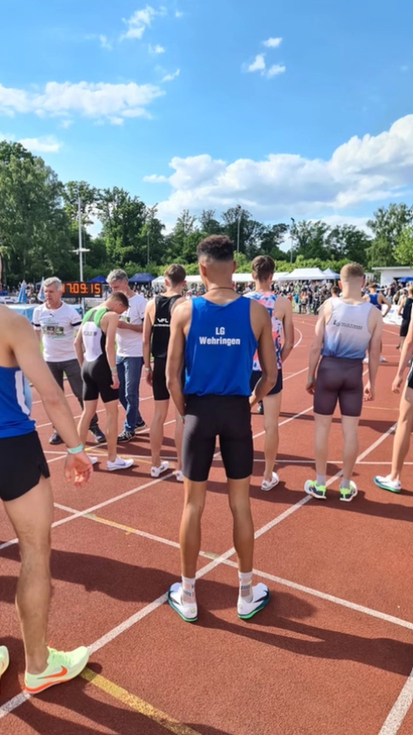 Der Laufcoach - Leistungscoaching und Analyse für Läufer - Eine Halbtotale auf Augenhöhe zeigt eine Gruppe männlicher Athleten von hinten, die auf einer roten Laufbahn unter strahlend blauem Himmel mit weißen Wolken stehen. Die meisten tragen Tanktops und Shorts oder Leggings, auf deren Kleidung verschiedene Teamnamen und -logos zu sehen sind. Ein Athlet im Vordergrund trägt ein blaues Tanktop mit der Aufschrift „LG Wehringen“ auf dem Rücken. Im Hintergrund sind Bäume und weitere Personen in der Ferne zu erkennen.
