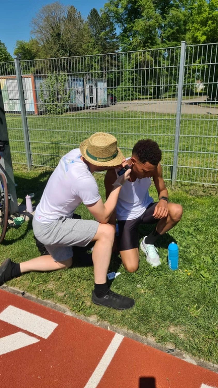 Der Laufcoach - Leistungscoaching und Analyse für Läufer - Zwei Männer befinden sich an einem sonnigen Tag im Freien in der Nähe einer Laufbahn und eines Metallzauns. Der eine Mann, mit Strohhut und weißem T-Shirt, kniet und misst mit einem Gerät die Herzfrequenz im Ohr des anderen Mannes, der in Sportkleidung auf dem Rasen sitzt.