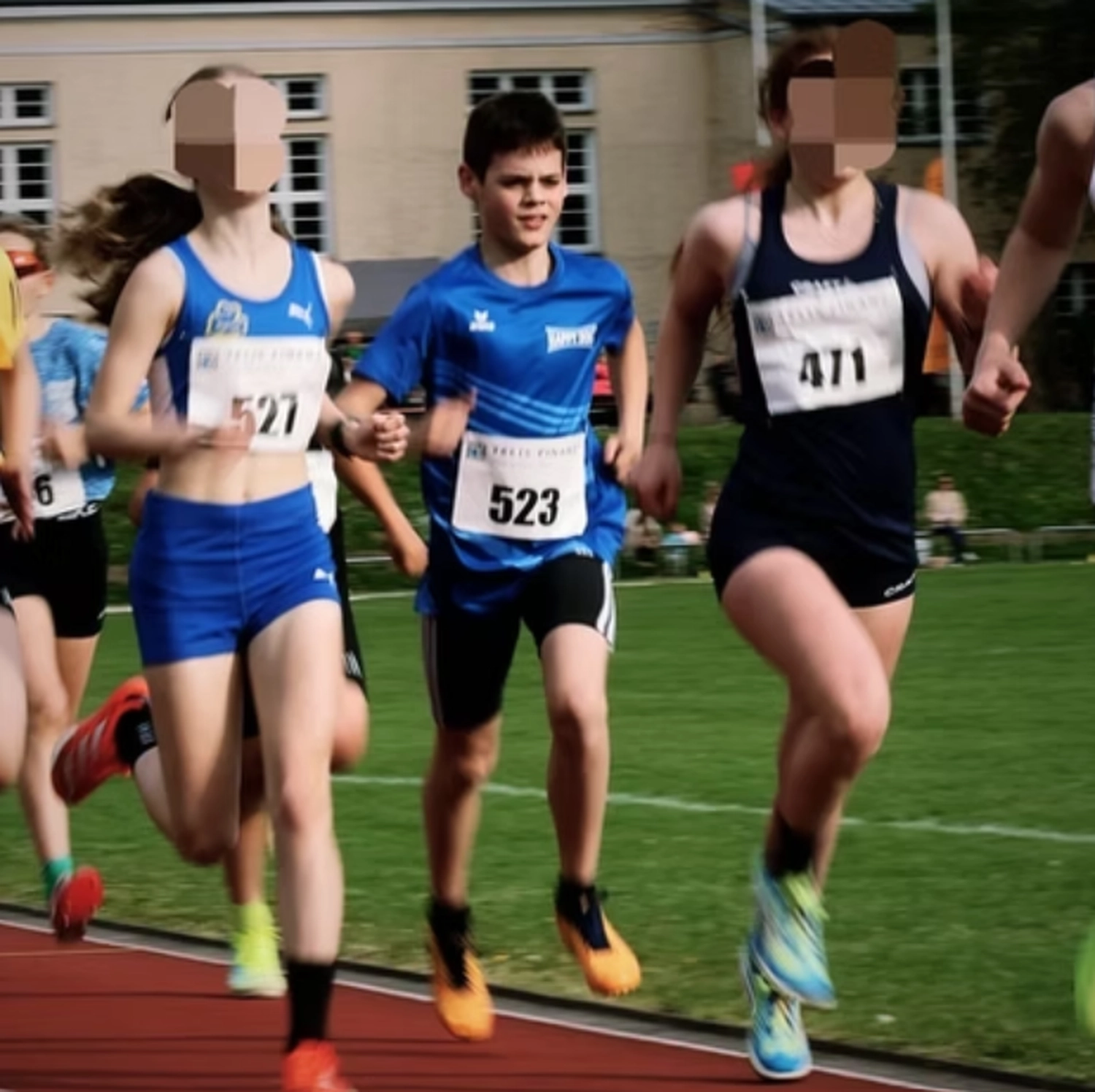 Der Laufcoach - Leistungscoaching und Analyse für Läufer - Junge Sportler, darunter ein Mädchen in einem blauen Trainingsanzug und ein Junge in einem blauen T-Shirt und schwarzen Shorts, die an einem Laufwettbewerb auf einer Freiluftbahn teilnehmen.
