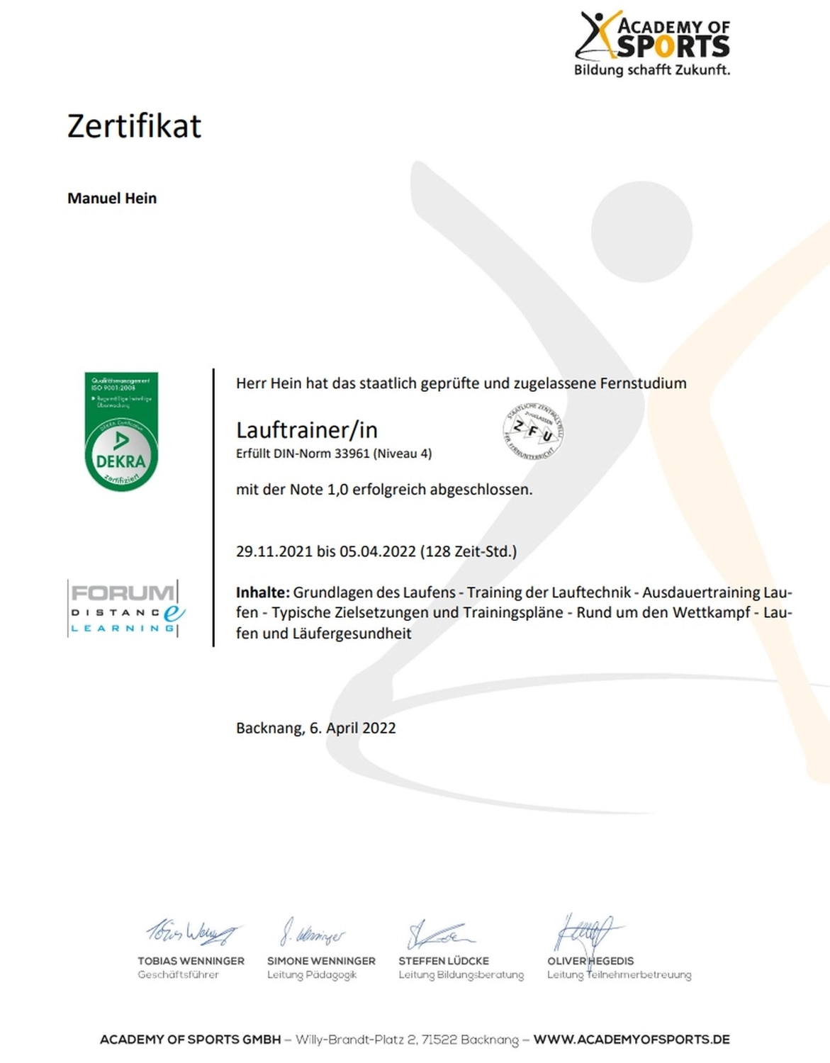 Der Laufcoach - Leistungscoaching und Analyse für Läufer - Zertifikat